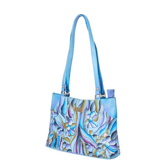 Hand-Painted Blue Abstract Artwork Ladies Leather Shoulder Tote Bag - Picture 3 of 7